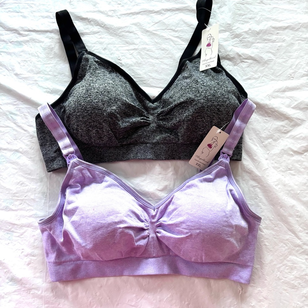 NWT Angelhood Black Purple Maternity Nursing Wireless Seamless Bras SZ XXL 2Pack